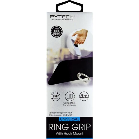 Bytech Ring Grip, with Hook Mount, Universal in Black with Silvertone Ring - Picture 1 of 3